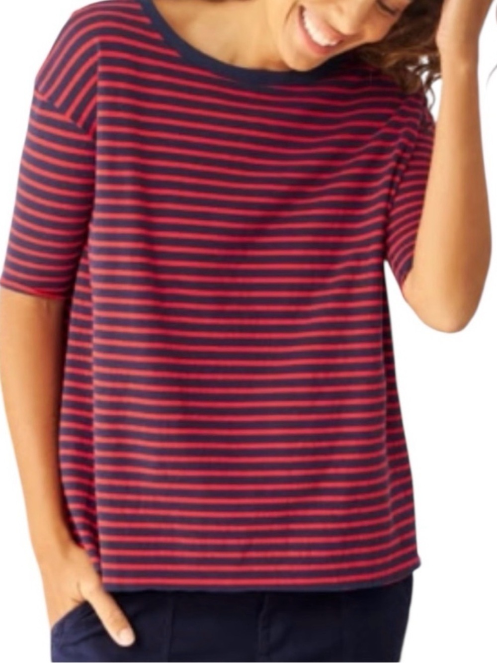 Frank & Eileen Navy and Red Striped Short Sleeve Tee